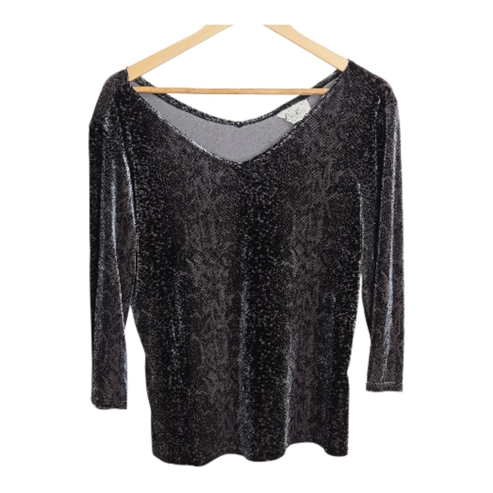 Kathie Lee Collection Womens V Neck Snake Print‎ Velvet Top 3/4 Sleeve 1990s VTG